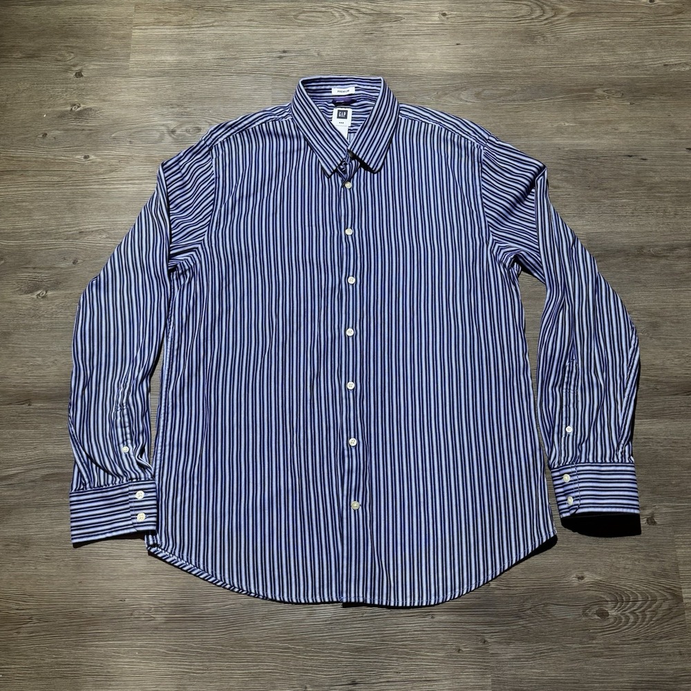 GAP Premium Men's XL Blue Striped Button Front Shirt 100% Cotton Long Sleeve